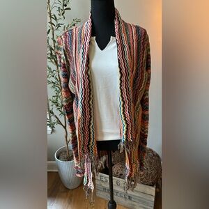 BKE Buckle Cardigan Sweater Womens Stripe Fringe Trim Southwest Boho Sz M